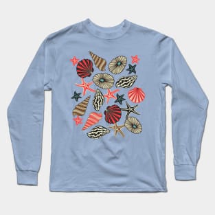 OCEAN JEWELS Seashells Coastal Retro Beach with Starfish Urchins Limpets Scallop Shells - UnBlink Studio by Jackie Tahara Long Sleeve T-Shirt